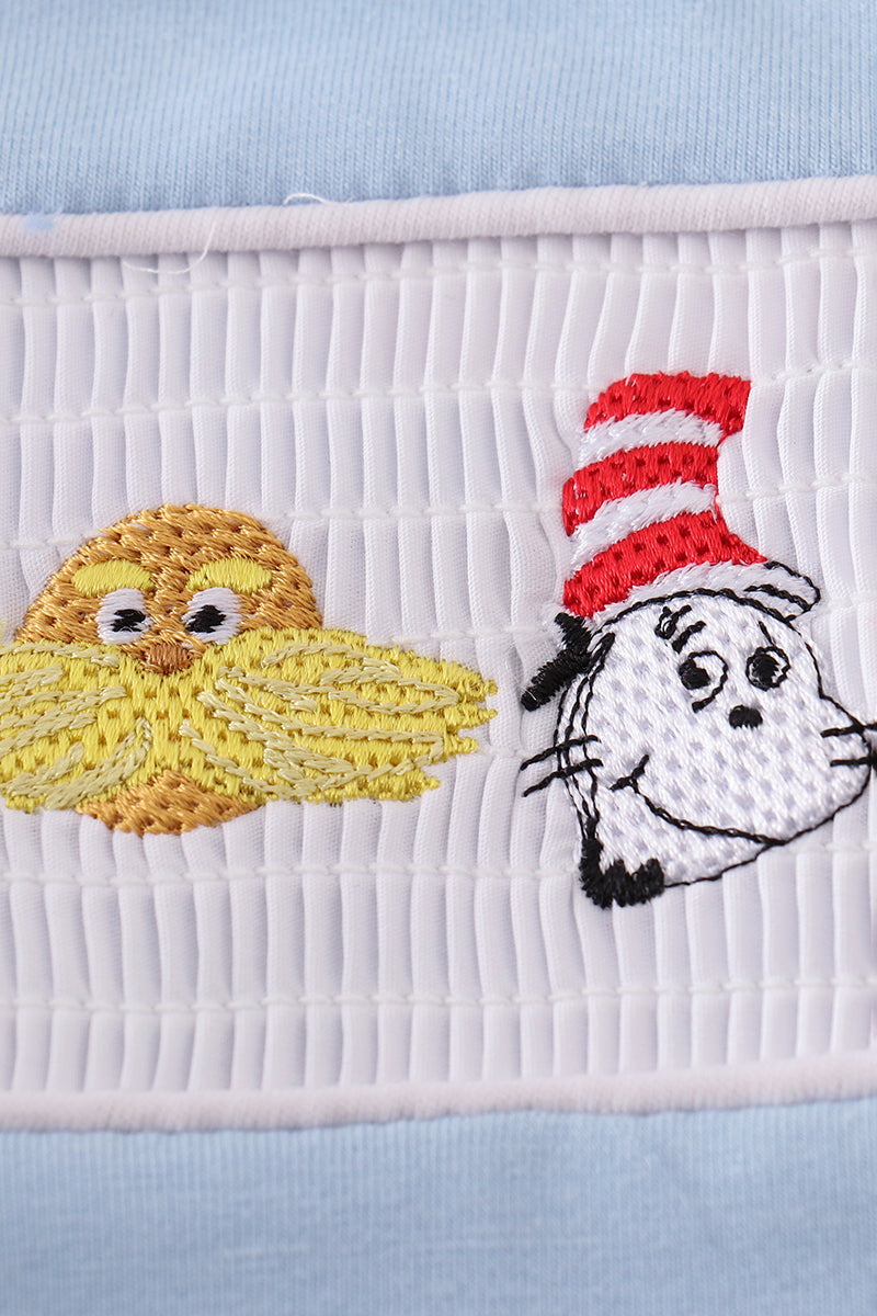 Blue Dr. Seuss embroidery smocked top