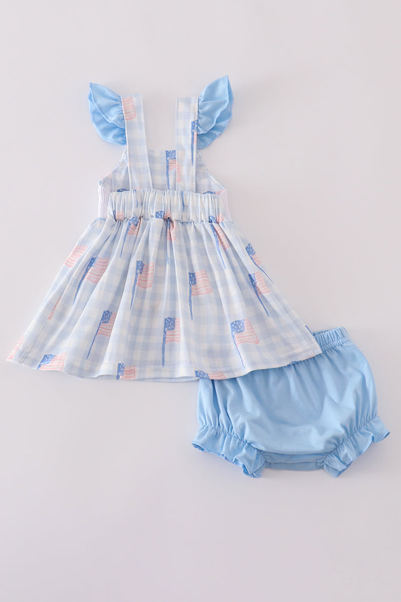 Blue flag embroidery smocked gingham bloomer set