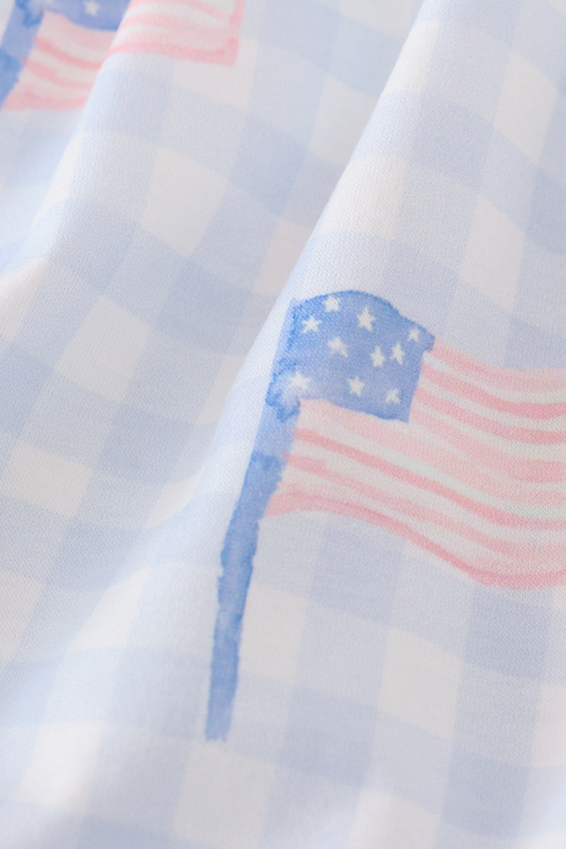 Blue flag embroidery smocked gingham bloomer set