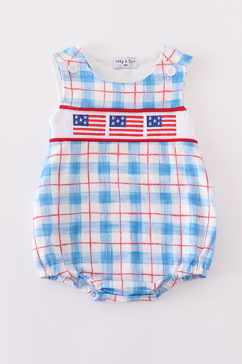 Flag embroidery smocked plaid bubble