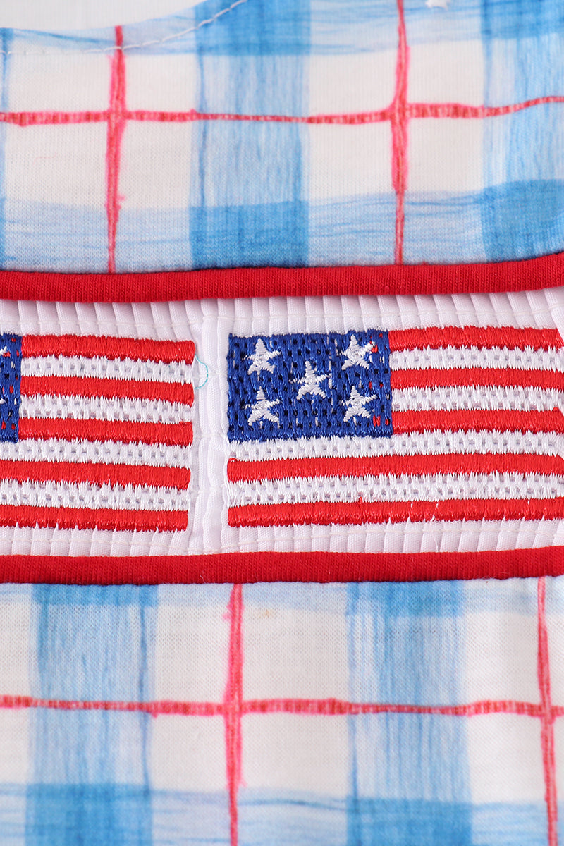 Flag embroidery smocked plaid bubble