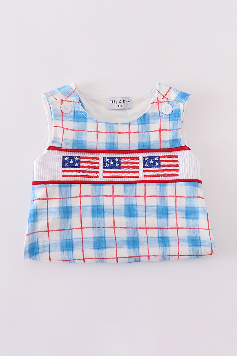 Flag embroidery smocked plaid bubble