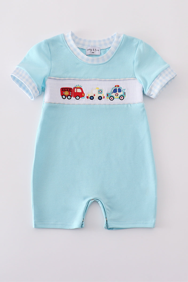 Blue fire truck police car embroidery smocked romper