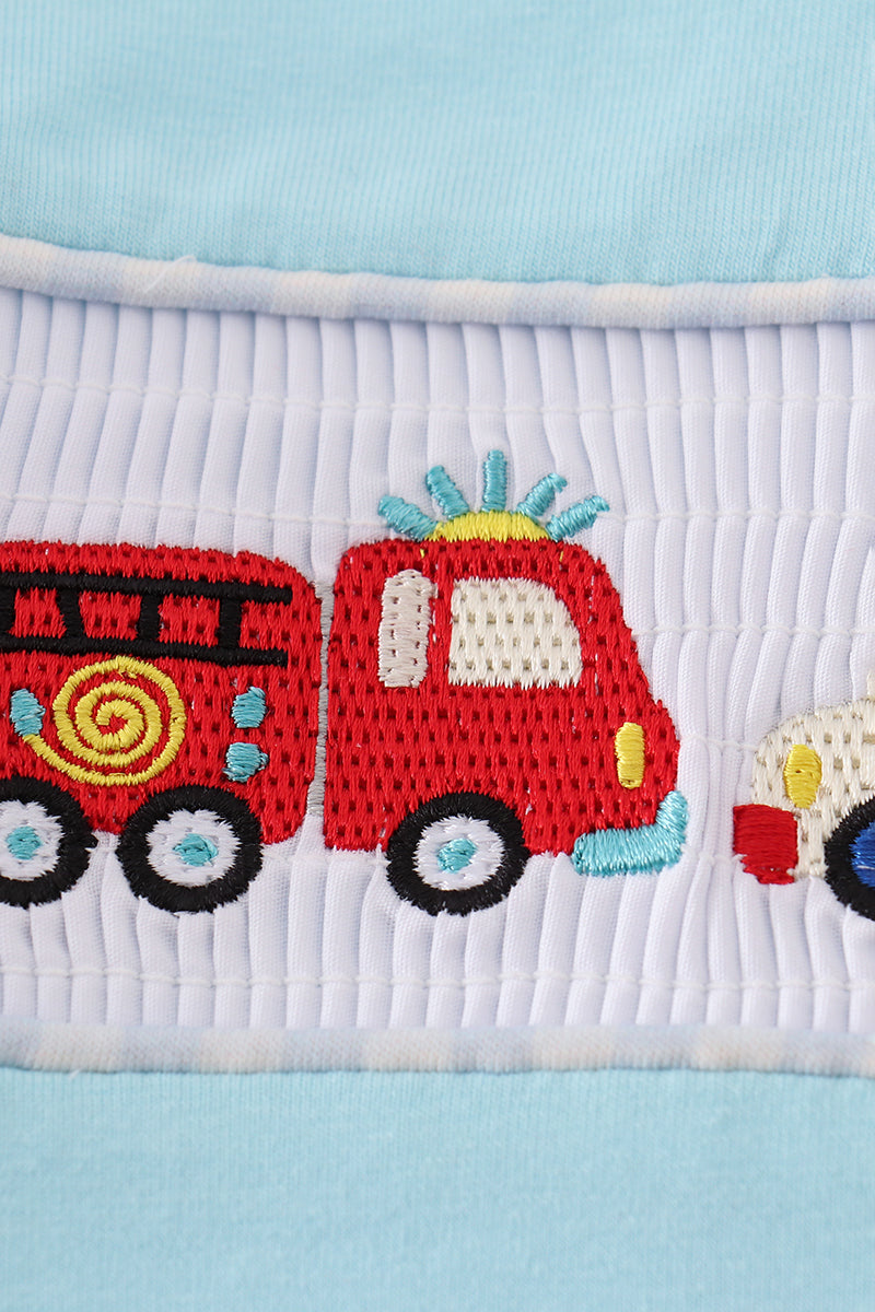 Blue fire truck police car embroidery smocked romper