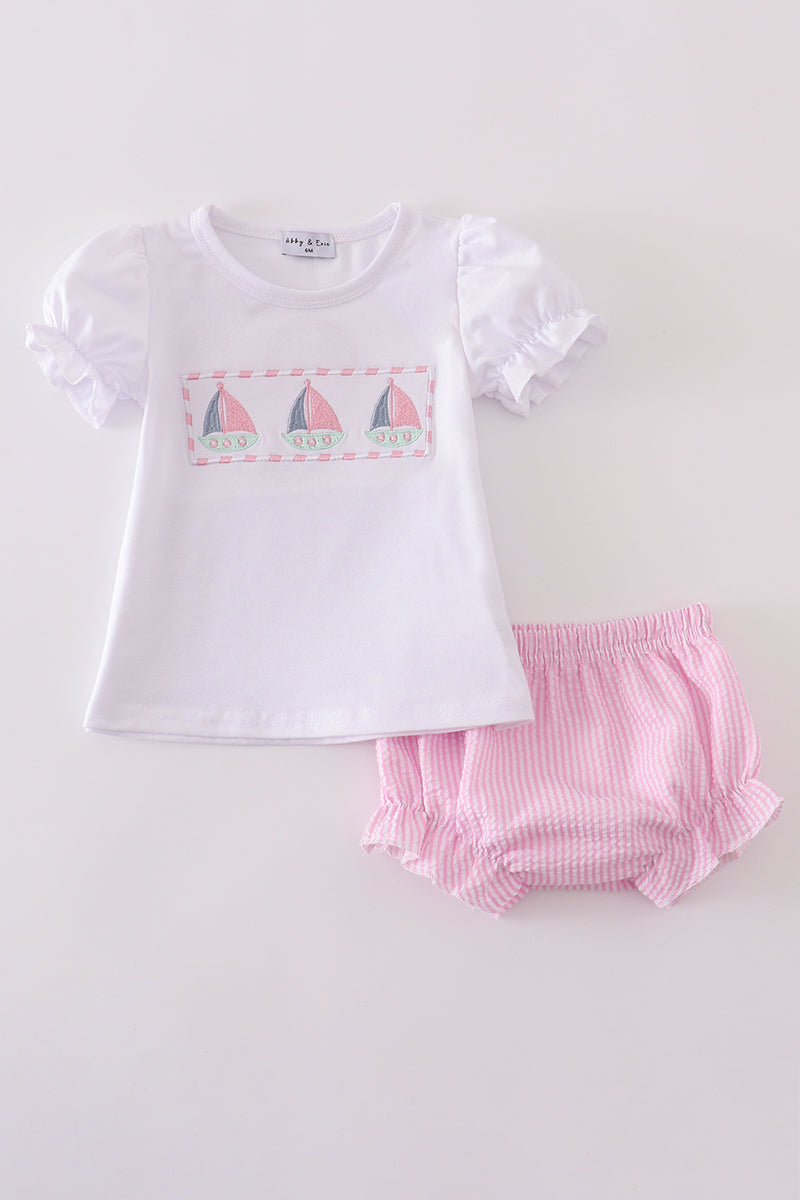 Pink stripe seersucker sailboat embroidery bloomer set