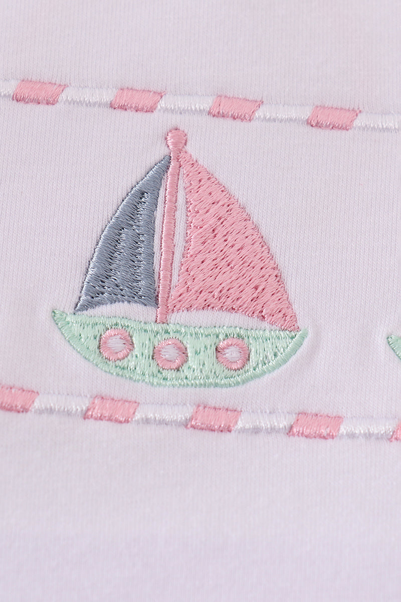 Pink stripe seersucker sailboat embroidery bloomer set