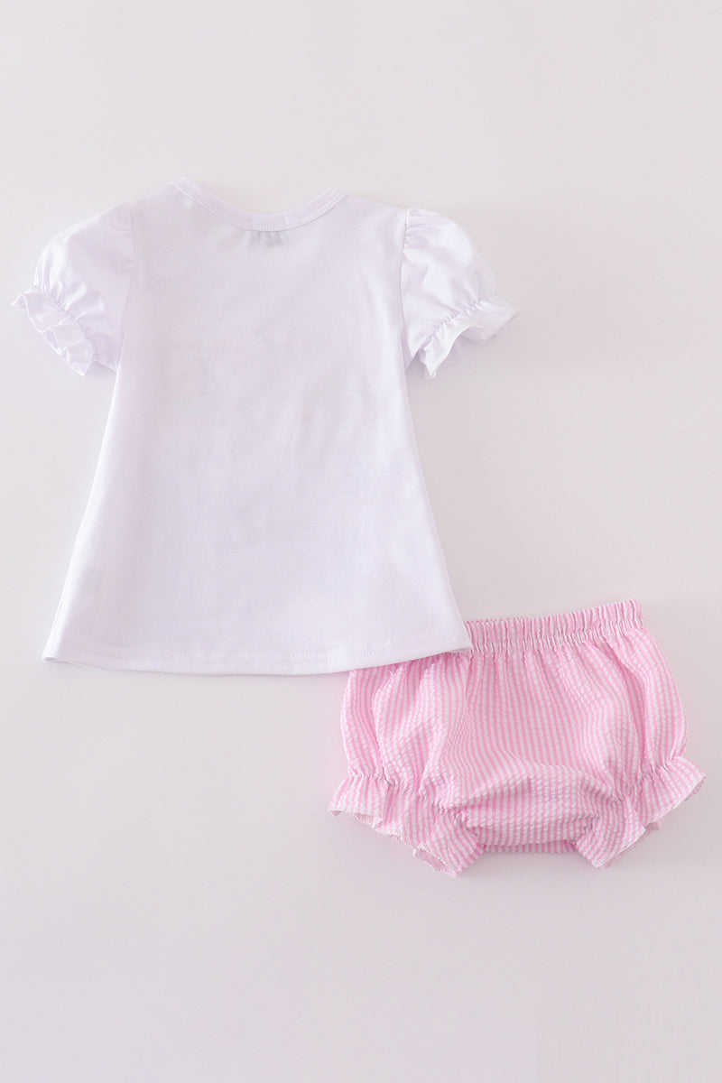 Pink stripe seersucker sailboat embroidery bloomer set