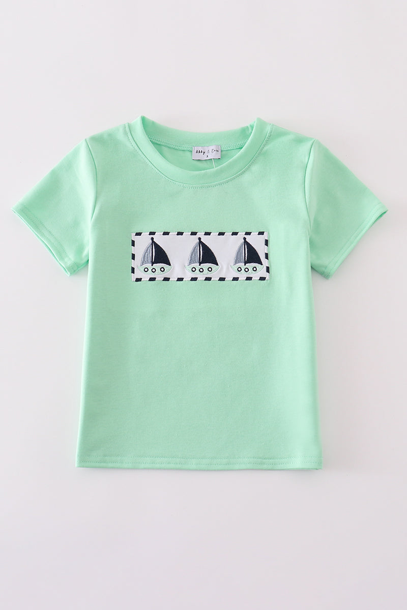 Green seersucker sailboat embroidery top