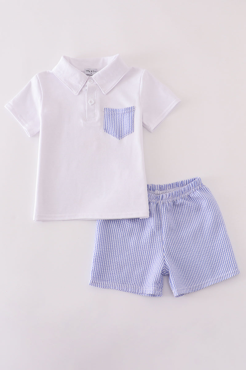 Blue stripe seersucker shorts set