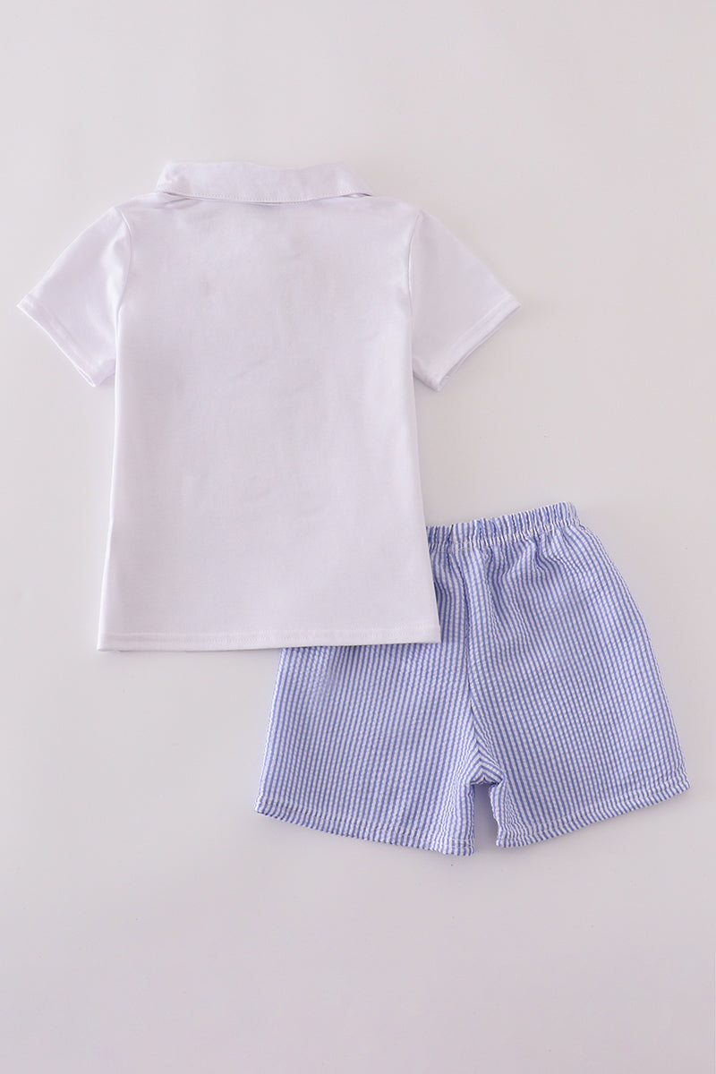 Blue stripe seersucker shorts set