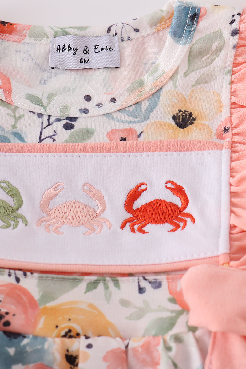 Floral crab embroidery ruffle bloomer set
