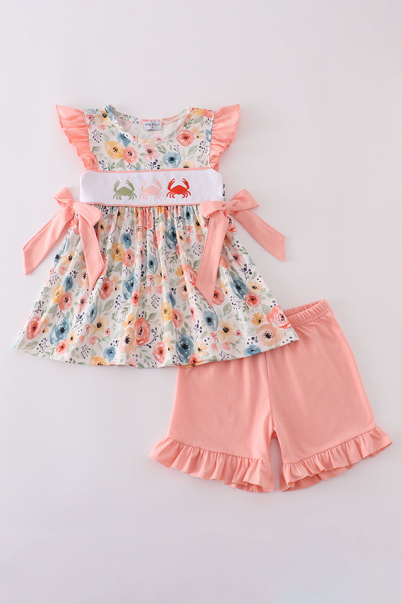 Floral crab embroidery ruffle shorts set