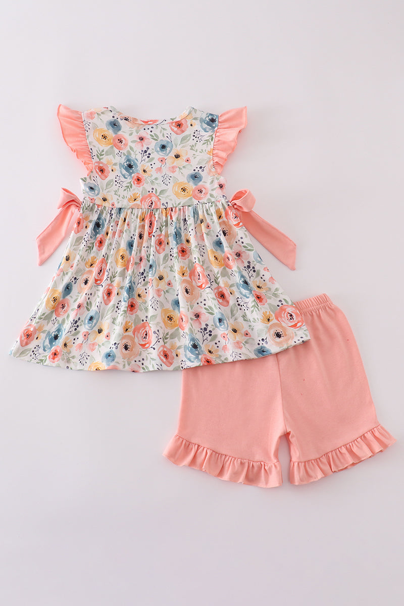 Floral crab embroidery ruffle shorts set