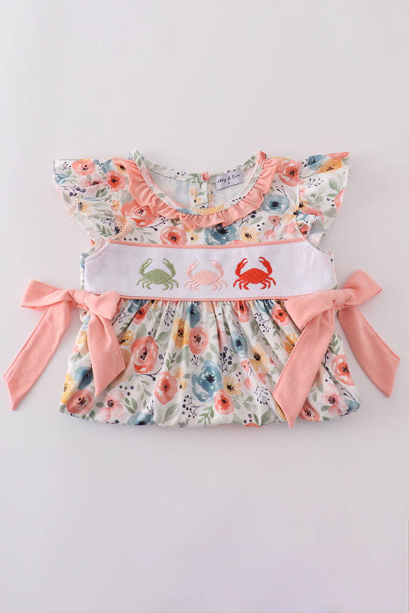 Floral crab embroidery ruffle shorts set