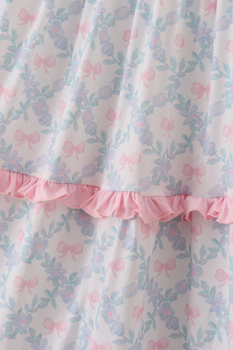 Pink bow print ruffle mom dress