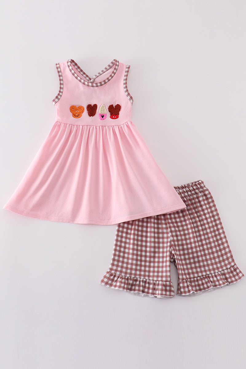 Pink character ice cream french knot girl set