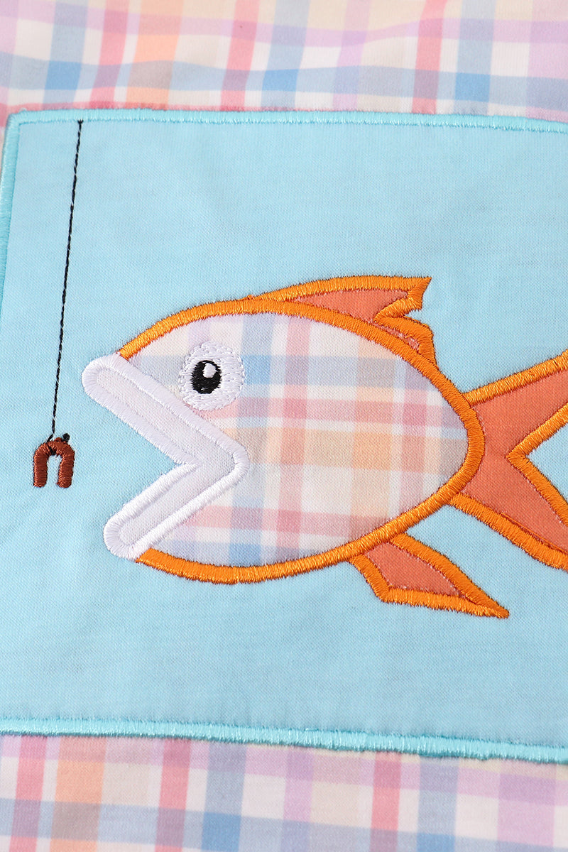 Blue plaid fish embroidery bubble