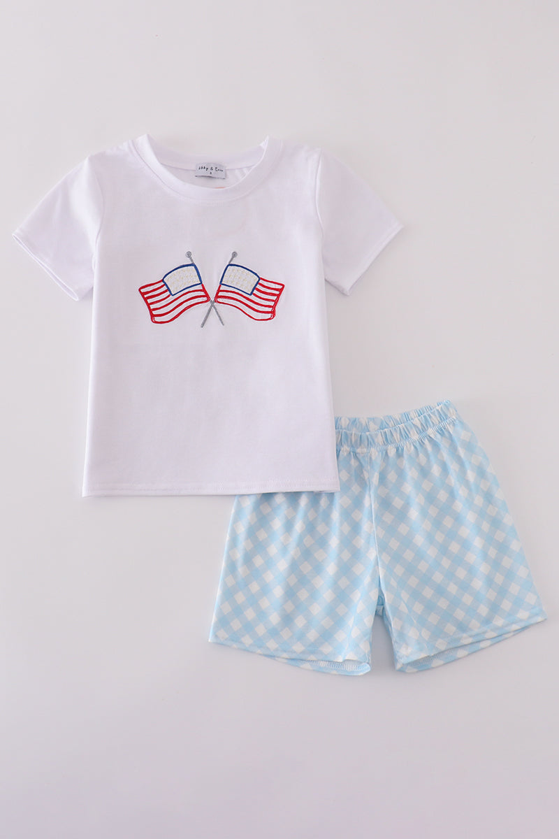 Blue flag embroidery gingham shorts set