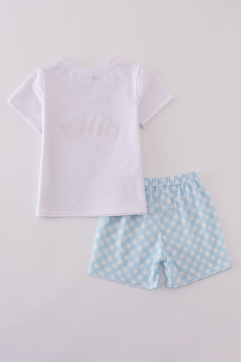 Blue flag embroidery gingham shorts set