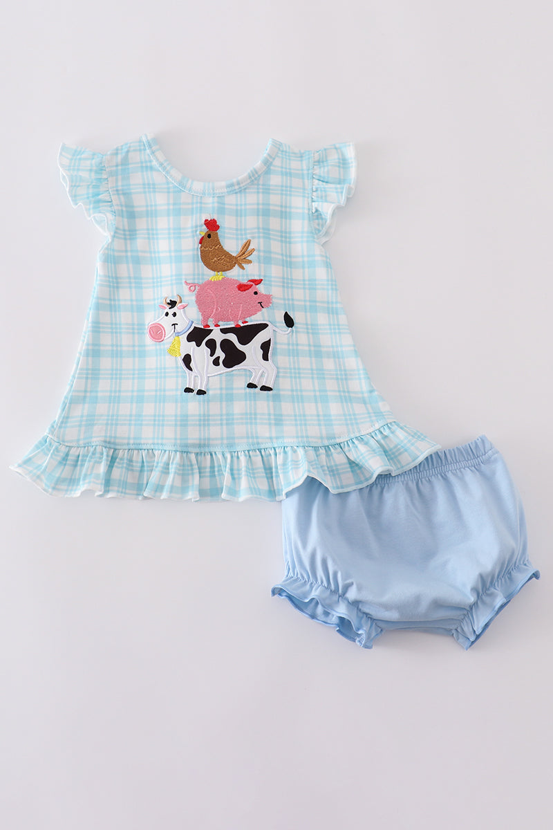 Blue farm applique plaid bloomer set