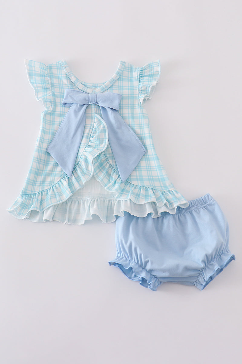 Blue farm applique plaid bloomer set