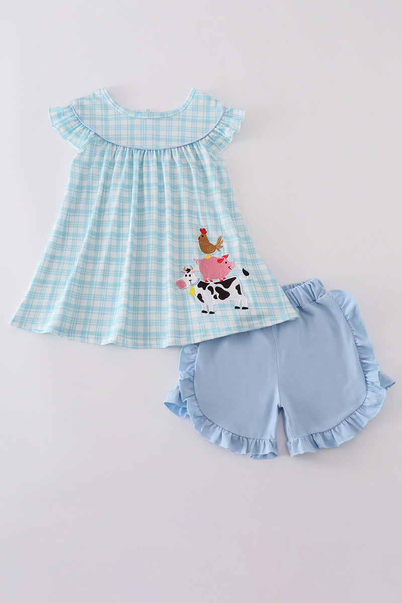 Blue farm applique ruffle shorts set