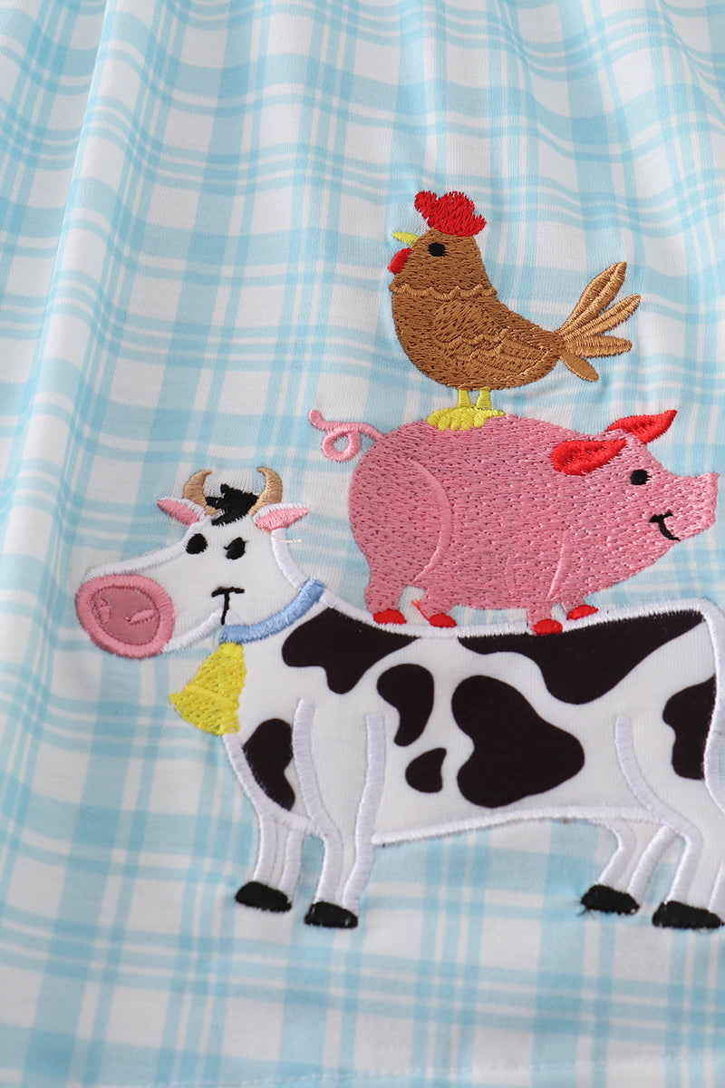 Blue farm applique ruffle shorts set