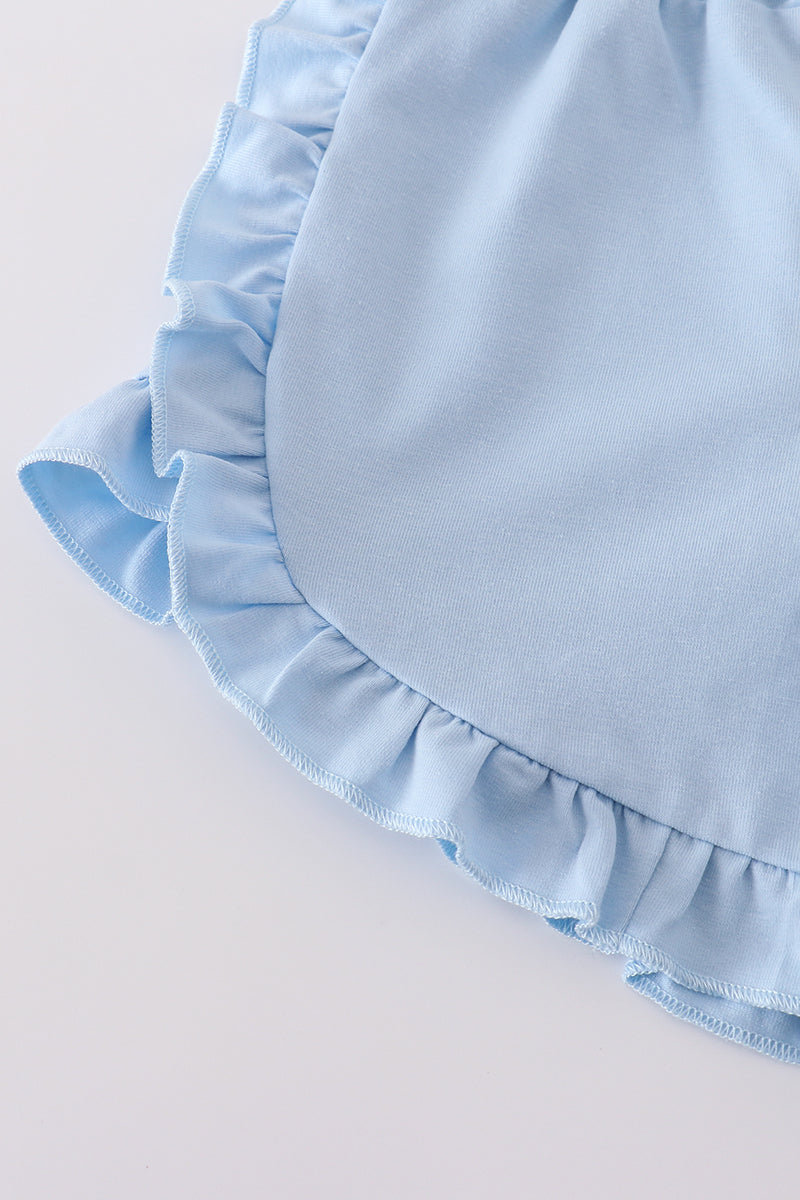 Blue farm applique ruffle shorts set