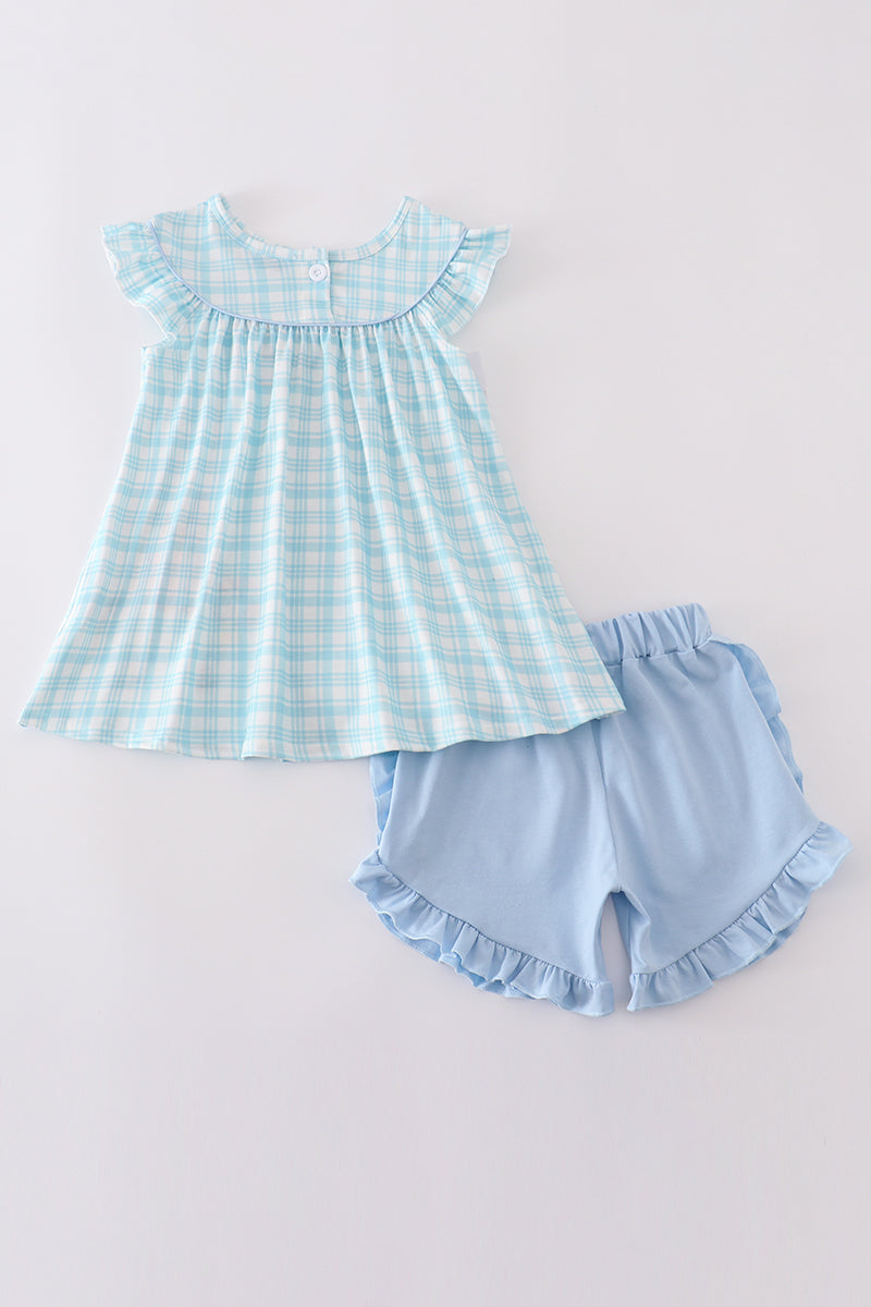 Blue farm applique ruffle shorts set
