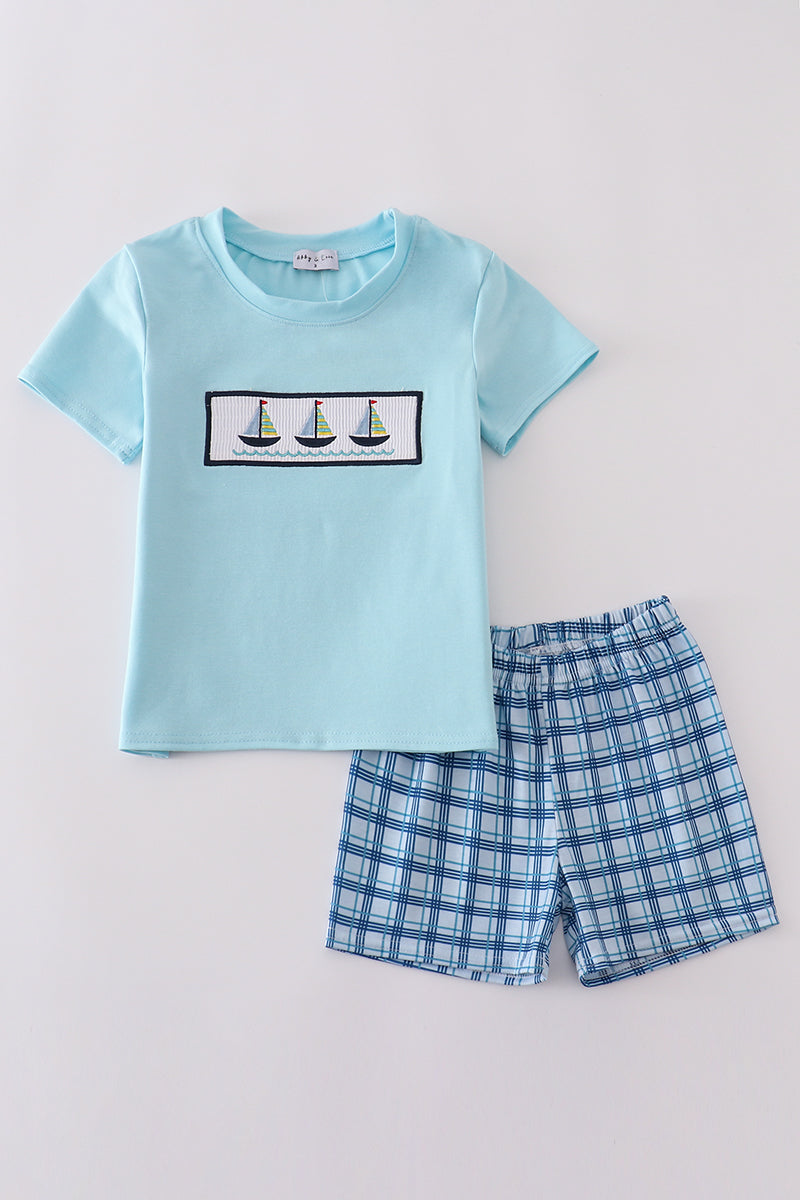 Blue sailboats embroidery smocked shorts set
