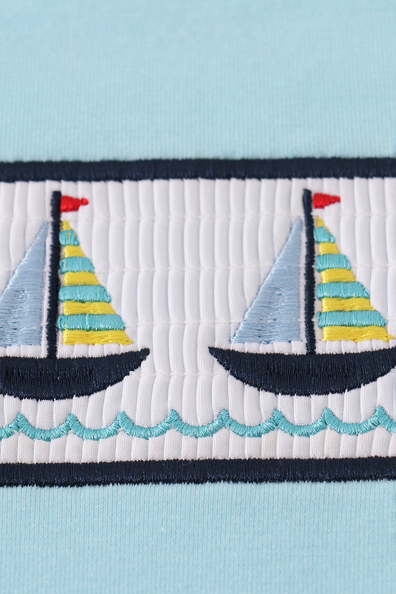 Blue sailboats embroidery smocked shorts set