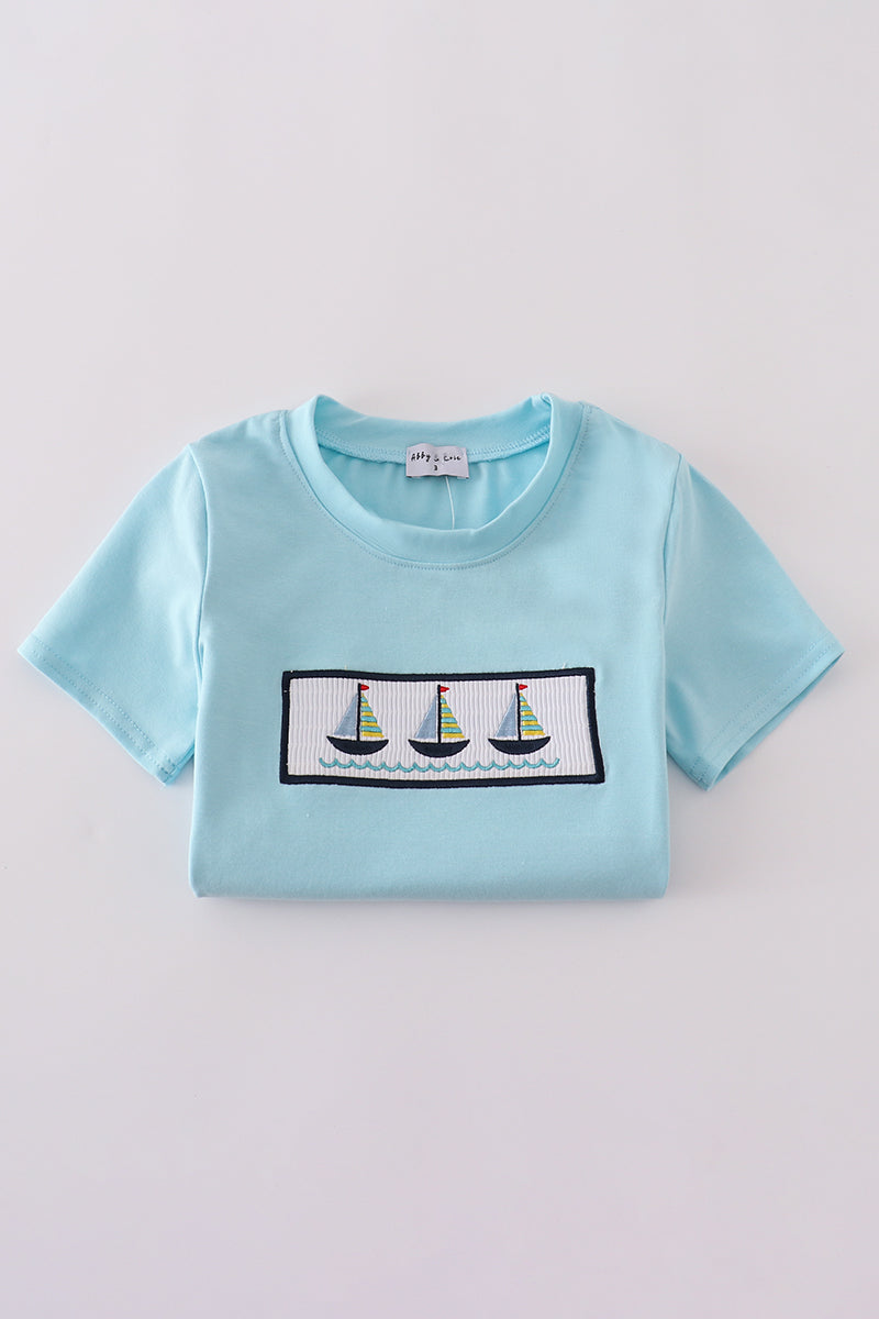 Blue sailboats embroidery smocked shorts set