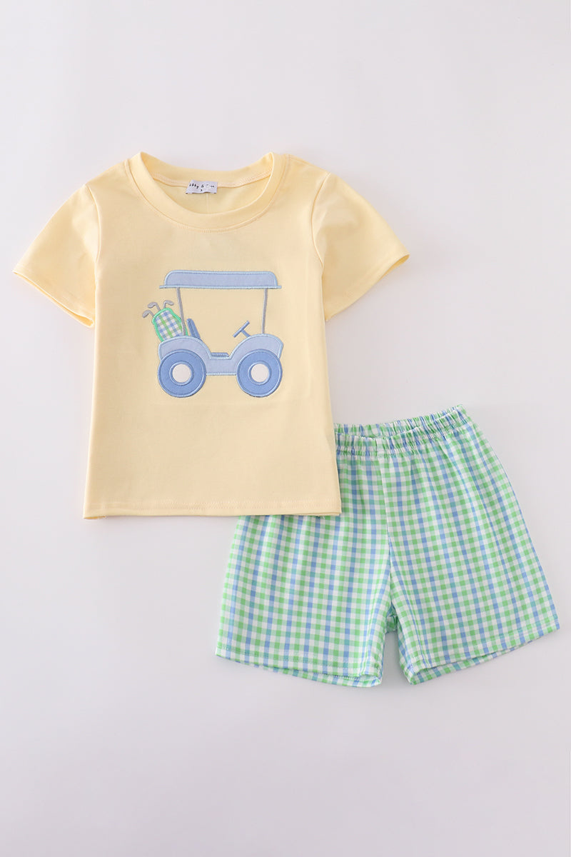 Yellow golf cart applique gingham shorts set