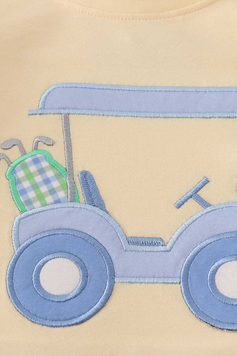 Yellow golf cart applique gingham shorts set