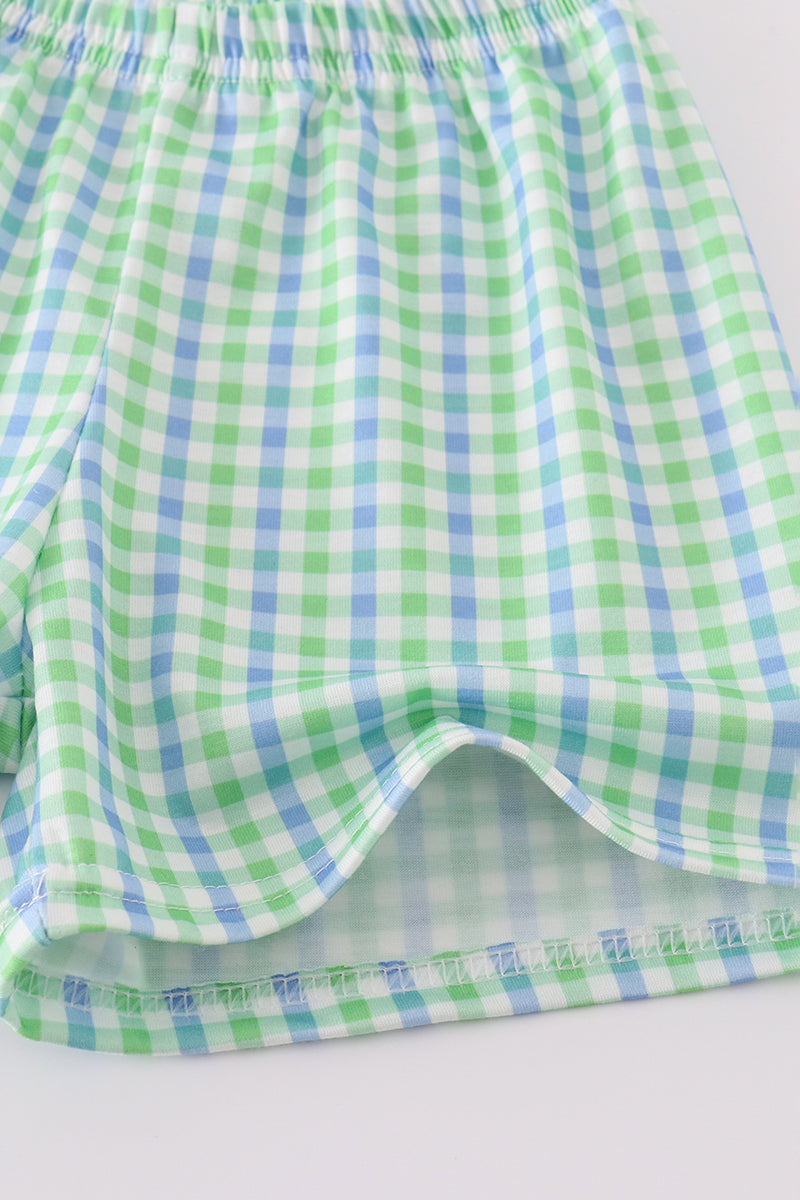 Yellow golf cart applique gingham shorts set