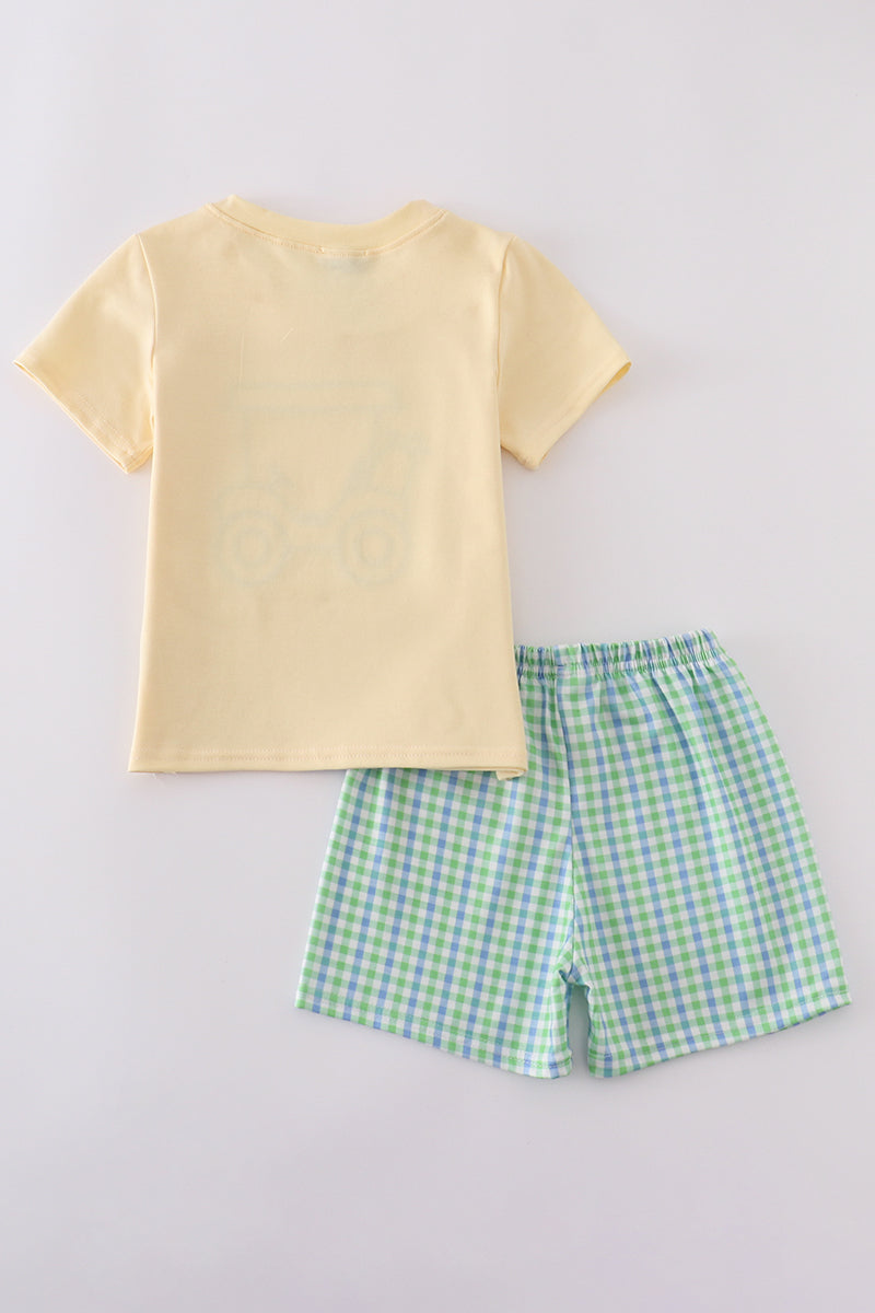 Yellow golf cart applique gingham shorts set