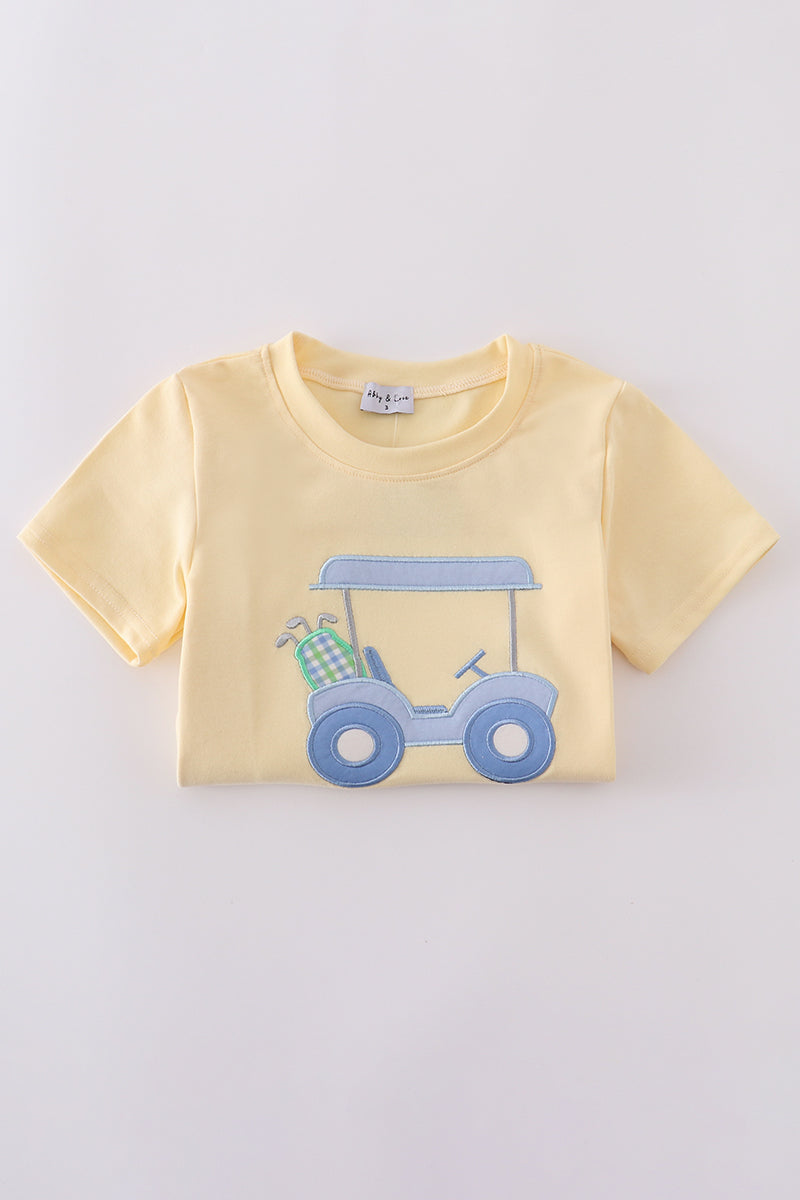 Yellow golf cart applique gingham shorts set