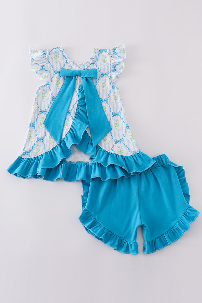 Blue floral bow tie shorts set