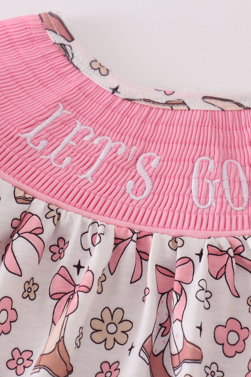 Pink let's go girls boots bow floral smocked shorts set