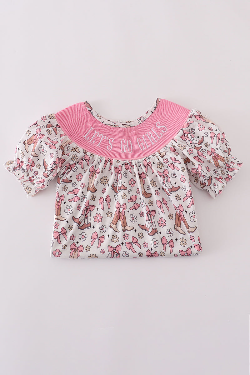 Pink let's go girls boots bow floral smocked shorts set