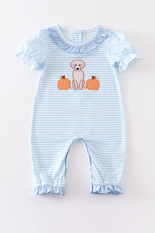 Blue Stripe Dog Pumpkin Applique Romper - Girl