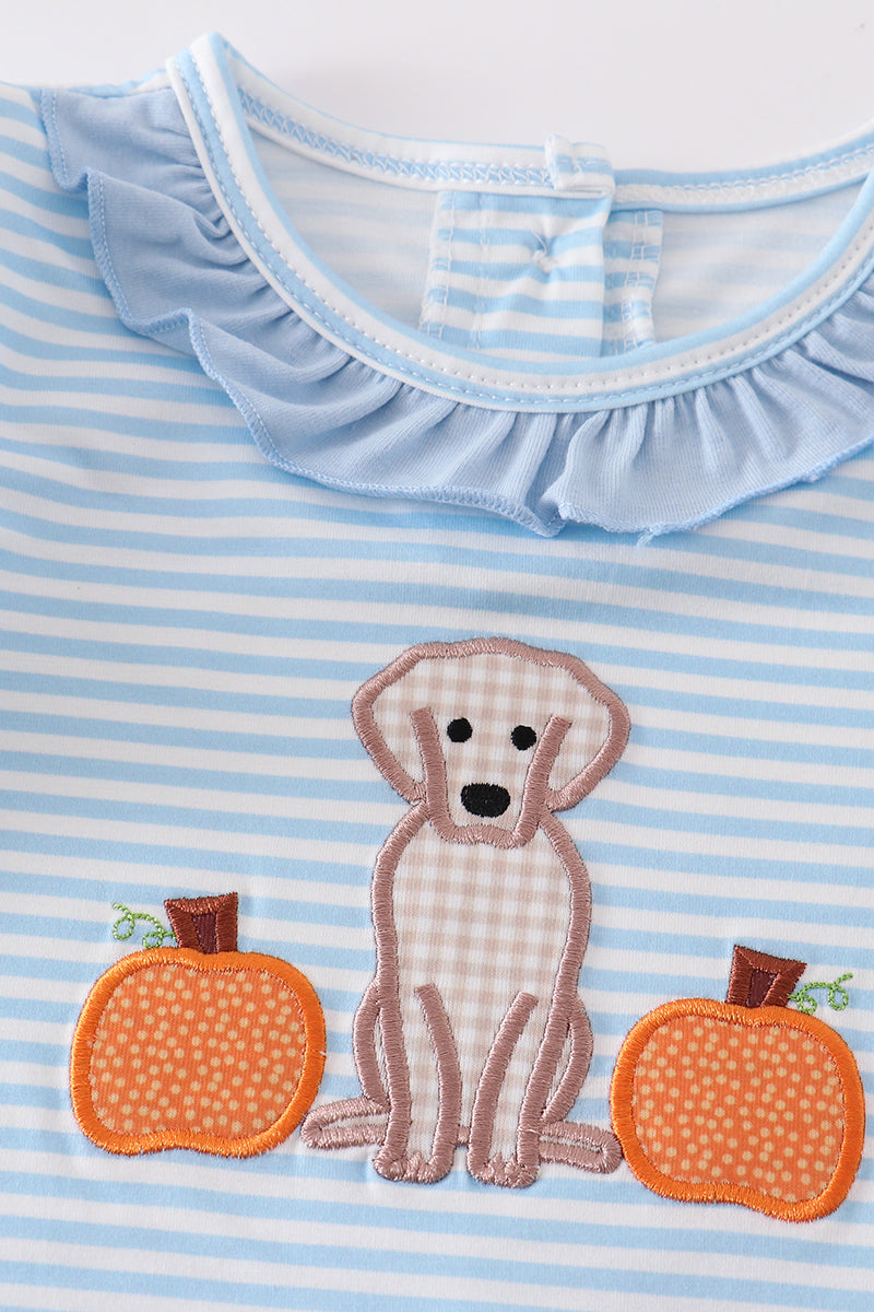 Blue Stripe Dog Pumpkin Applique Romper - Girl