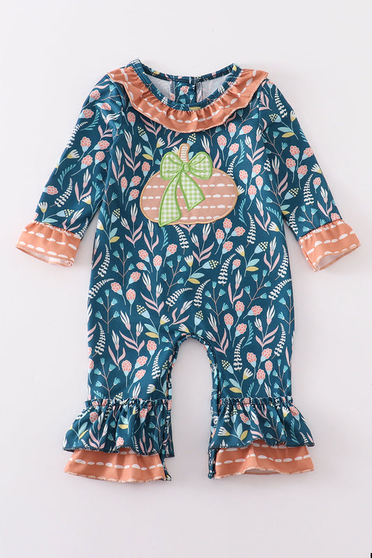 Navy Floral Pumpkin Applique Romper - Girl