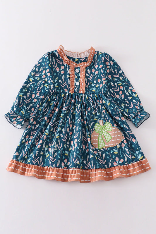 Navy Floral Pumpkin Applique Dress