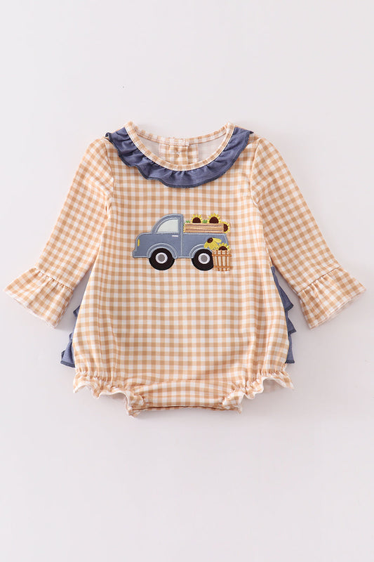 Brown Plaid Truck Applique Bubble Romper