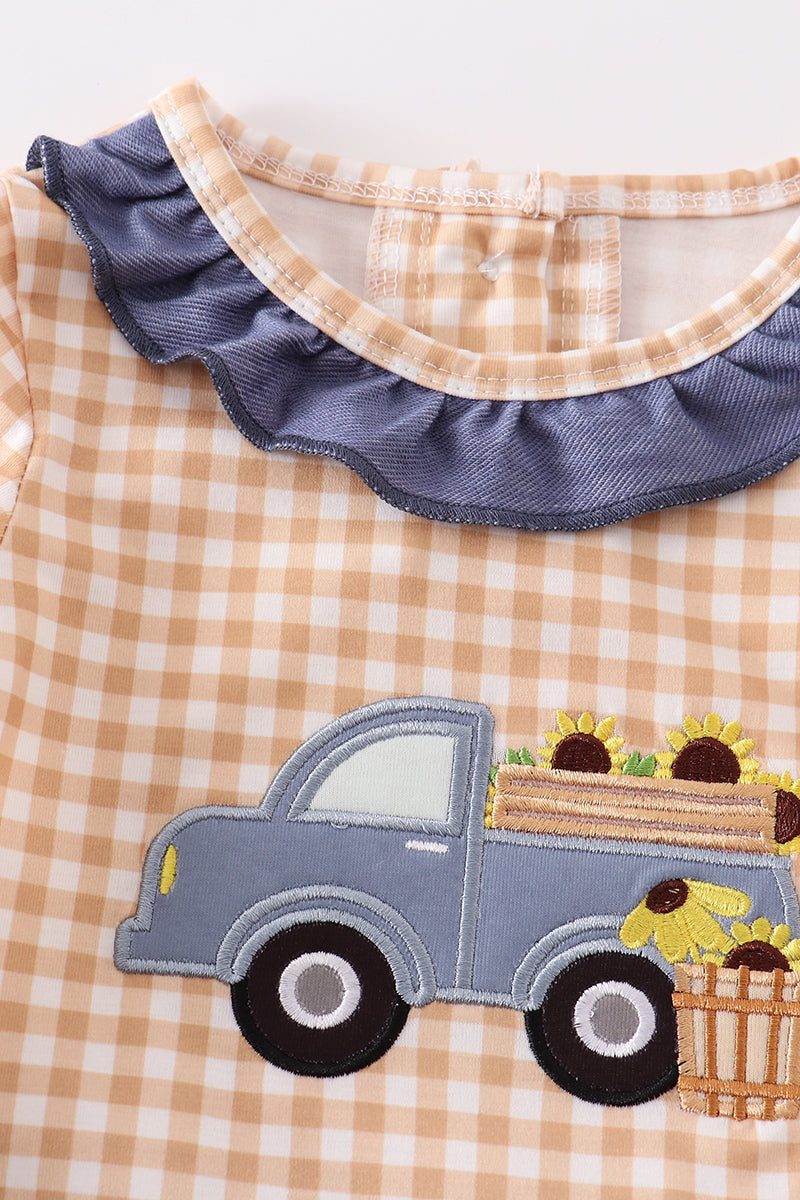 Brown Plaid Truck Applique Bubble Romper