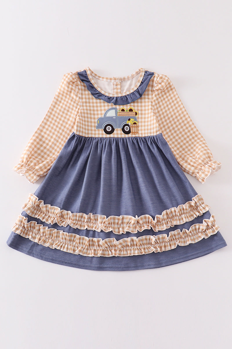 Brown Plaid Truck Applique Dress