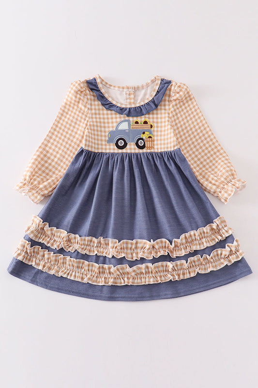 Brown Plaid Truck Applique Dress