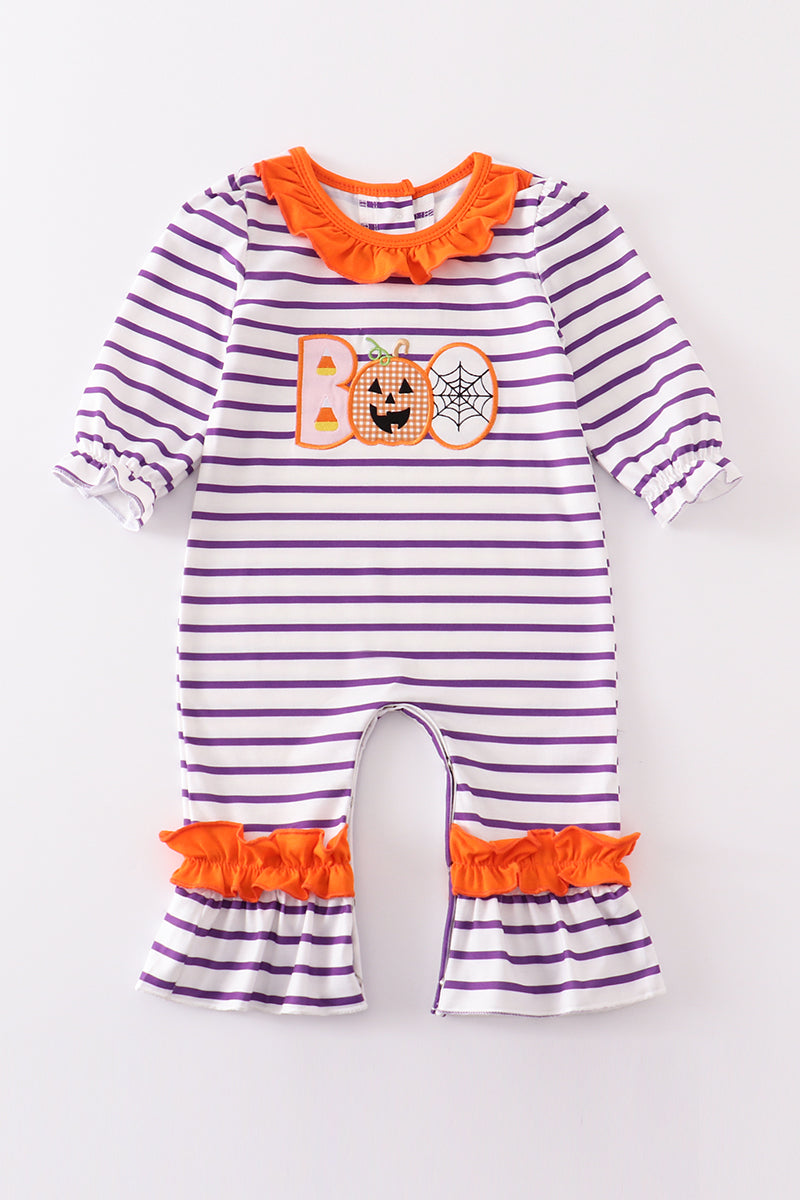 Purple Stripe BOO Applique Romper - Girl