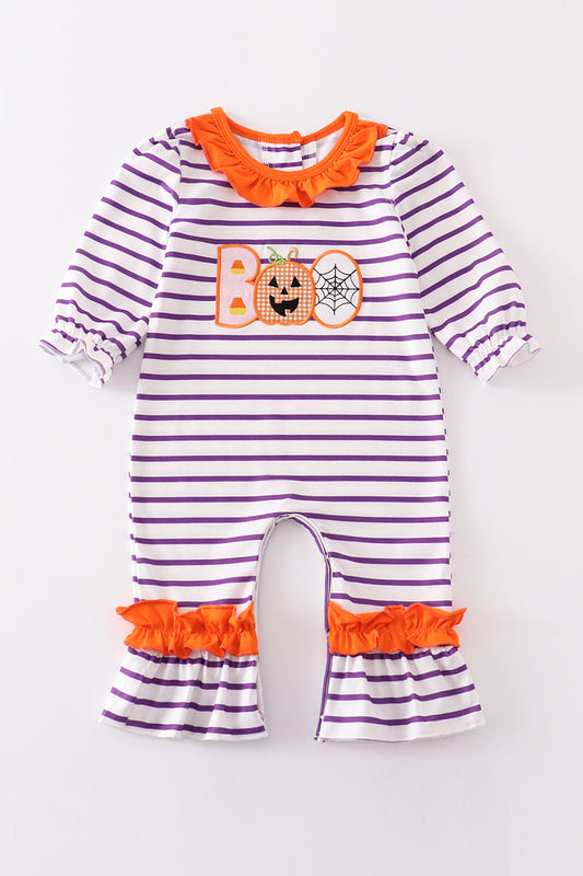 Purple Stripe BOO Applique Romper - Girl